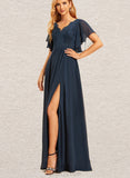 Summer A-line V-Neck Floor-Length Chiffon Lace Bridesmaid Dress UKP0019422