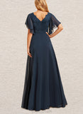 Summer A-line V-Neck Floor-Length Chiffon Lace Bridesmaid Dress UKP0019422