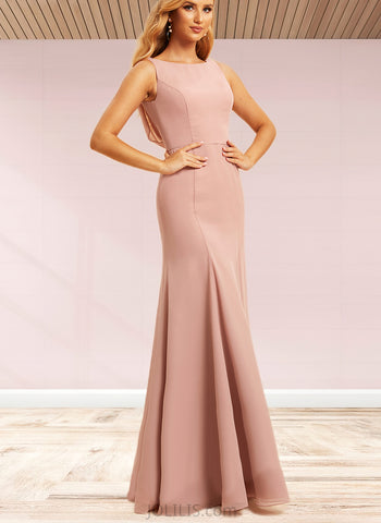 Kaiya Trumpet/Mermaid Boat Neck Floor-Length Chiffon Lace Bridesmaid Dress UKP0019424