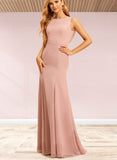 Kaiya Trumpet/Mermaid Boat Neck Floor-Length Chiffon Lace Bridesmaid Dress UKP0019424