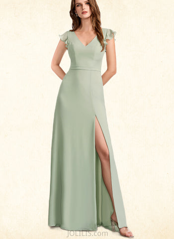 Polly A-line V-Neck Floor-Length Chiffon Bridesmaid Dress UKP0019426