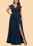 Julie A-line V-Neck Floor-Length Chiffon Bridesmaid Dress With Bow Cascading Ruffles UKP0019429