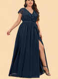 Julie A-line V-Neck Floor-Length Chiffon Bridesmaid Dress With Bow Cascading Ruffles UKP0019429