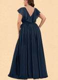 Julie A-line V-Neck Floor-Length Chiffon Bridesmaid Dress With Bow Cascading Ruffles UKP0019429