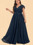 Julie A-line V-Neck Floor-Length Chiffon Bridesmaid Dress With Bow Cascading Ruffles UKP0019429