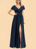 Julie A-line V-Neck Floor-Length Chiffon Bridesmaid Dress With Bow Cascading Ruffles UKP0019429