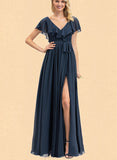 Julie A-line V-Neck Floor-Length Chiffon Bridesmaid Dress With Bow Cascading Ruffles UKP0019429