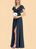 Julie A-line V-Neck Floor-Length Chiffon Bridesmaid Dress With Bow Cascading Ruffles UKP0019429