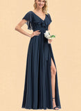 Julie A-line V-Neck Floor-Length Chiffon Bridesmaid Dress With Bow Cascading Ruffles UKP0019429