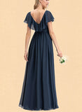 Julie A-line V-Neck Floor-Length Chiffon Bridesmaid Dress With Bow Cascading Ruffles UKP0019429