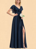 Julie A-line V-Neck Floor-Length Chiffon Bridesmaid Dress With Bow Cascading Ruffles UKP0019429