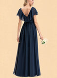 Julie A-line V-Neck Floor-Length Chiffon Bridesmaid Dress With Bow Cascading Ruffles UKP0019429