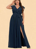 Julie A-line V-Neck Floor-Length Chiffon Bridesmaid Dress With Bow Cascading Ruffles UKP0019429