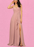 Marcia A-line V-Neck Floor-Length Chiffon Bridesmaid Dress With Ruffle UKP0019431