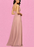 Marcia A-line V-Neck Floor-Length Chiffon Bridesmaid Dress With Ruffle UKP0019431