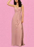 Marcia A-line V-Neck Floor-Length Chiffon Bridesmaid Dress With Ruffle UKP0019431