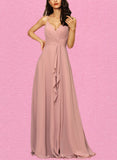 Marcia A-line V-Neck Floor-Length Chiffon Bridesmaid Dress With Ruffle UKP0019431