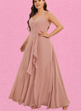 Marcia A-line V-Neck Floor-Length Chiffon Bridesmaid Dress With Ruffle UKP0019431