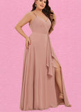 Marcia A-line V-Neck Floor-Length Chiffon Bridesmaid Dress With Ruffle UKP0019431