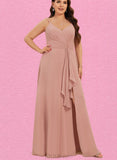 Marcia A-line V-Neck Floor-Length Chiffon Bridesmaid Dress With Ruffle UKP0019431