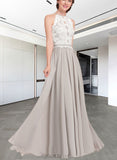 Izabelle A-line Scoop Floor-Length Chiffon Lace Bridesmaid Dress UKP0019432