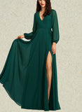 Marely A-line V-Neck Floor-Length Chiffon Bridesmaid Dress UKP0019436