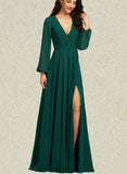 Marely A-line V-Neck Floor-Length Chiffon Bridesmaid Dress UKP0019436