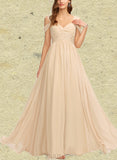 Britney A-line Cold Shoulder V-Neck Floor-Length Chiffon Bridesmaid Dress With Pleated UKP0019441