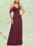 Brooklynn A-line Asymmetrical V-Neck Floor-Length Chiffon Bridesmaid Dress With Ruffle UKP0019442