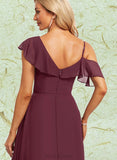 Brooklynn A-line Asymmetrical V-Neck Floor-Length Chiffon Bridesmaid Dress With Ruffle UKP0019442