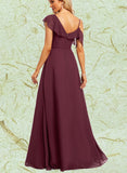 Brooklynn A-line Asymmetrical V-Neck Floor-Length Chiffon Bridesmaid Dress With Ruffle UKP0019442