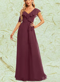 Brooklynn A-line Asymmetrical V-Neck Floor-Length Chiffon Bridesmaid Dress With Ruffle UKP0019442