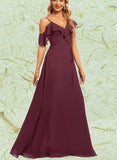 Brooklynn A-line Asymmetrical V-Neck Floor-Length Chiffon Bridesmaid Dress With Ruffle UKP0019442