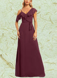 Brooklynn A-line Asymmetrical V-Neck Floor-Length Chiffon Bridesmaid Dress With Ruffle UKP0019442