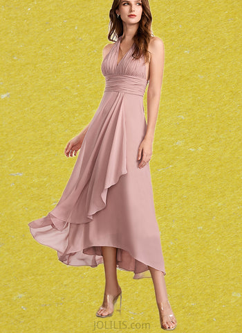 Alexis A-line V-Neck Asymmetrical Chiffon Bridesmaid Dress UKP0019443