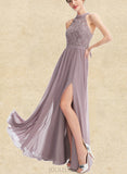 Hailie A-line Halter Floor-Length Chiffon Lace Bridesmaid Dress UKP0019444