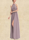 Hailie A-line Halter Floor-Length Chiffon Lace Bridesmaid Dress UKP0019444