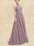 Hailie A-line Halter Floor-Length Chiffon Lace Bridesmaid Dress UKP0019444