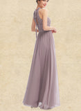 Hailie A-line Halter Floor-Length Chiffon Lace Bridesmaid Dress UKP0019444