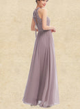 Hailie A-line Halter Floor-Length Chiffon Lace Bridesmaid Dress UKP0019444