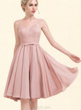 Gloria A-line V-Neck Knee-Length Chiffon Lace Bridesmaid Dress With Bow UKP0019445