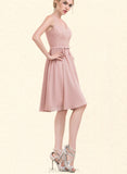 Gloria A-line V-Neck Knee-Length Chiffon Lace Bridesmaid Dress With Bow UKP0019445