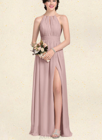 Aliza A-line Scoop Floor-Length Chiffon Bridesmaid Dress With Bow Ruffle UKP0019448