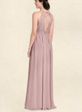 Aliza A-line Scoop Floor-Length Chiffon Bridesmaid Dress With Bow Ruffle UKP0019448