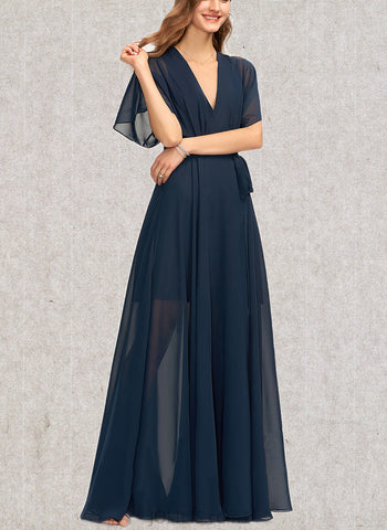 Caitlyn A-line V-Neck Floor-Length Chiffon Bridesmaid Dress UKP0019449