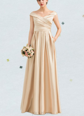 Emerson A-line Off the Shoulder Floor-Length Satin Bridesmaid Dress With Ruffle UKP0019451