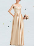 Emerson A-line Off the Shoulder Floor-Length Satin Bridesmaid Dress With Ruffle UKP0019451