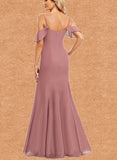 Karma Trumpet/Mermaid Cold Shoulder Floor-Length Chiffon Bridesmaid Dress With Ruffle UKP0019452