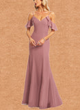 Karma Trumpet/Mermaid Cold Shoulder Floor-Length Chiffon Bridesmaid Dress With Ruffle UKP0019452