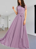 Aria A-line Scoop Floor-Length Chiffon Lace Bridesmaid Dress UKP0019455